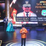 GUBERNUR Abdul Gani Kasuba saat memberikan ucapa terima kasih kepada dewan juri, MNC Grup dan undang lainnya, Rabu (7/10/2020) di Lantai III Gedung iNews TV, Jakarta