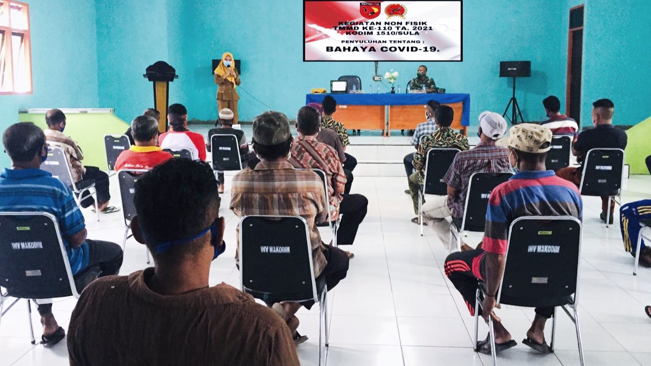 SATGAS TMMD ke 110 Kodim 1510 Sanana, Kabupaten Kepulauan Sula, menggandeng Dinkes sosialisasi pencegahan penularan Covid-19