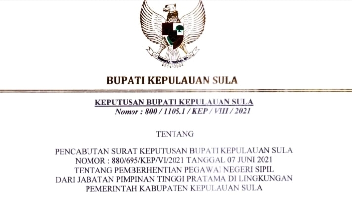 KEPUTUSAN Bupati Kepulauan Sula Fifian Adeningsi Mus, mengembalikan posisi Kadisdukcapil Bambang Fataruba