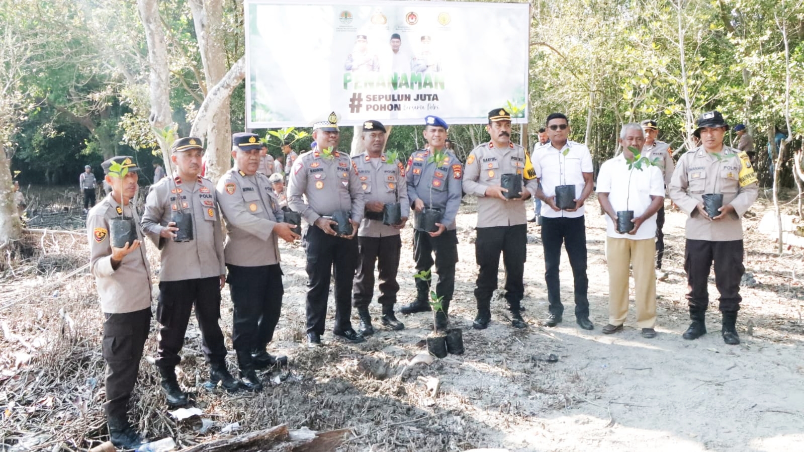 PERSONEL Polres Kepulauan Sula melaksanakan program penanaman pohon mangrove di desa mangega, kecamatan Sanana, Rabu (15/11/2023)