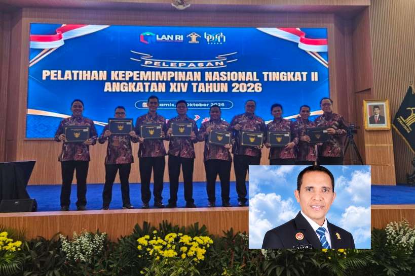 KEPALA Bidang Pelayanan Administrasi Hukum Umum (AHU) Kantor Wilayah Kementerian Hukum Maluku Utara, Muh. Kasim Umasangadji (kedua dari kanan) pose bersama usai mengikuti Pelatihan Kepemimpinan Nasional (PKN) Angkatan XIV Tahun 2026, di Badan Pengembangan Sumber Daya Manusia (BPSDM) Kementerian Hukum